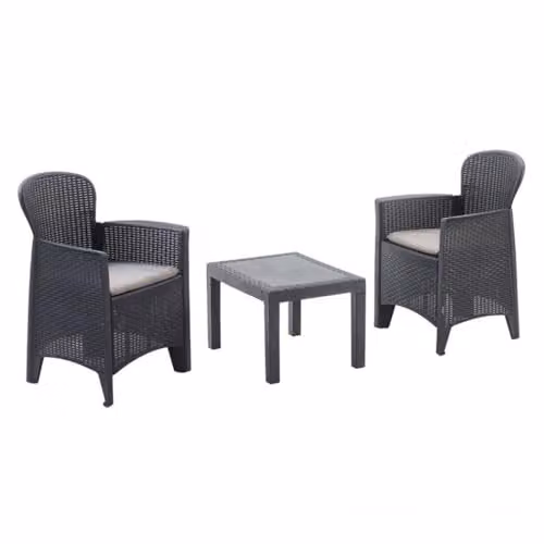 OISE ART STORE Trade Shop - Set Salotto con Tavolino 2 Poltrone Antracite Effetto Rattan con Cuscini Giardino 591042 -