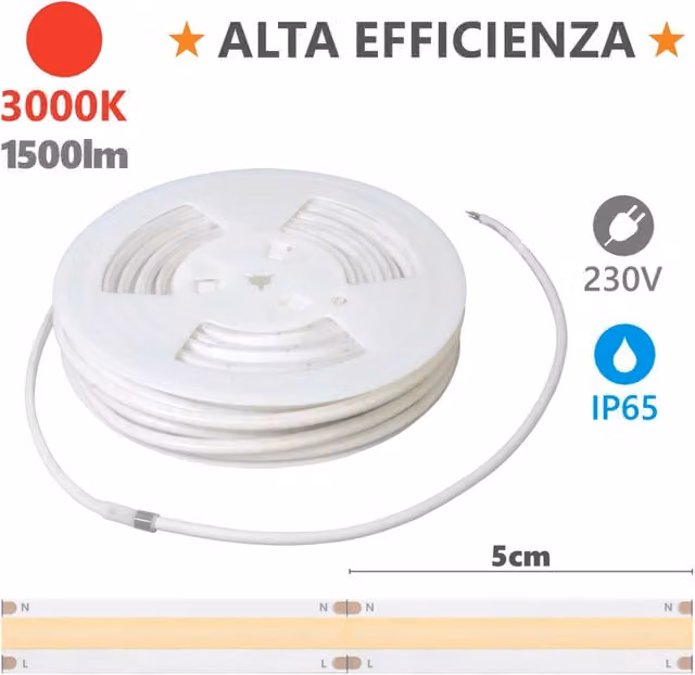 Alcapower Striscia LED 230V Serie HEM IP65 20m 3000K 15W/m 1500lm/m Bianco Caldo Luce Diffusa Alta Efficienza con 260 LED per Metro 230V AC