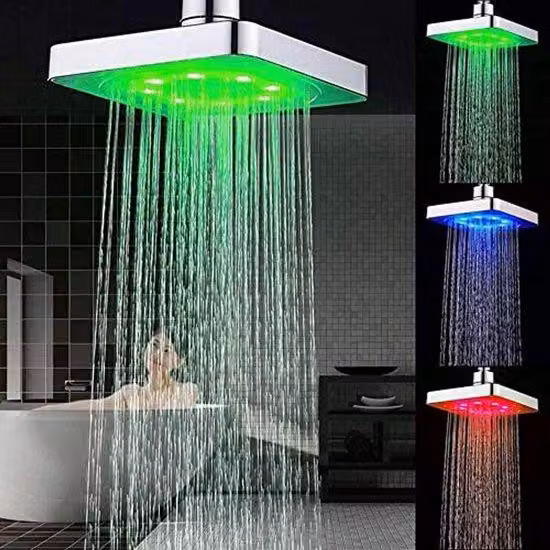 Doccia a LED - 20 cm quadrata - Risparmio idrico - 7 colori - Illuminazione suggestiva - per bagno - Verde o acciaio grigio
