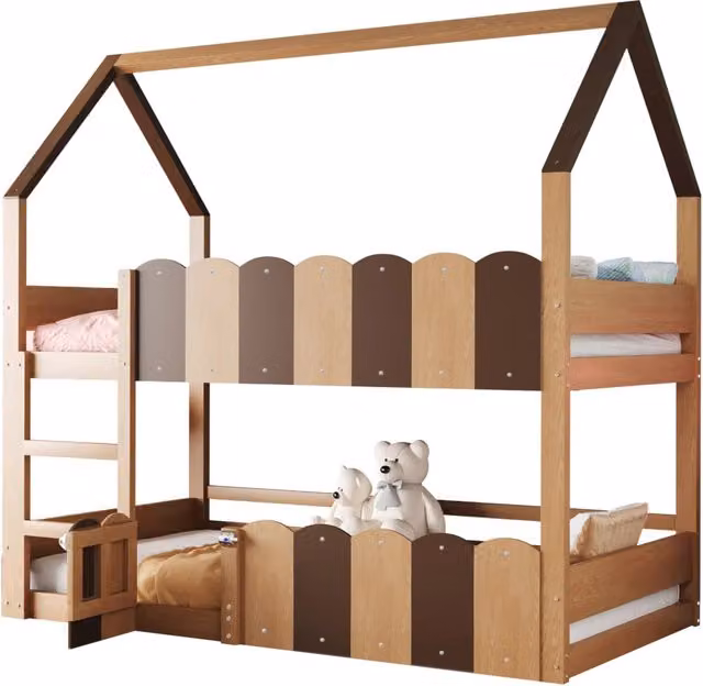 Letto a soppalco per bambini 90x200 cm a casetta con sponde di sicurezza; legno naturale