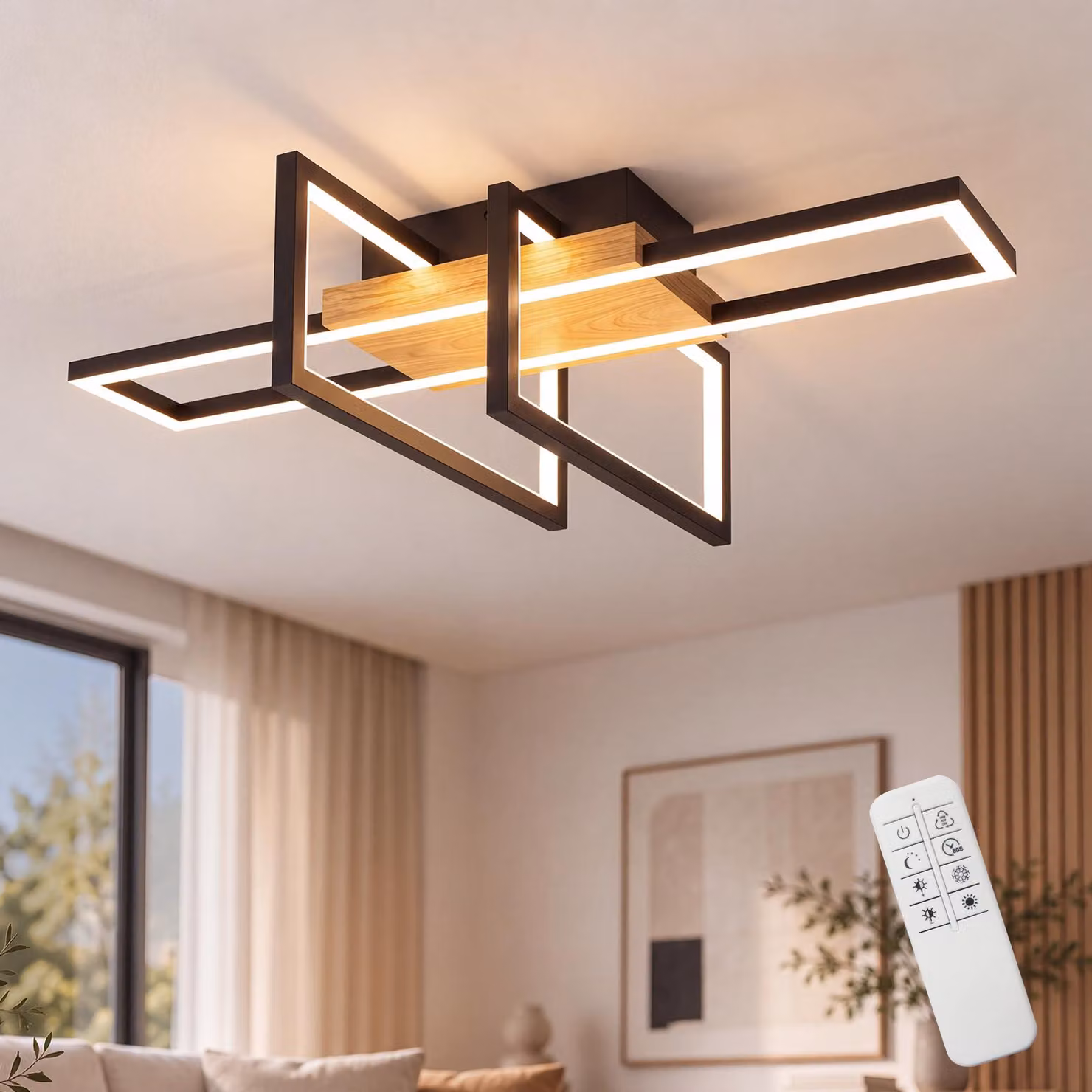 ZMH Lampada da soffitto a LED, con 3 elementi a forma di quadrato incrociato, finitura effetto legno, base in metallo nero opaco. Lampada da soffitto, illuminazione interna, ideale per soggiorno, camera da letto o corridoio