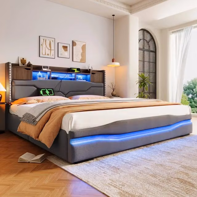 Letto matrimoniale imbottito 180 × 200 cm con vano contenitore idraulico in lino grigio LED USB Type C