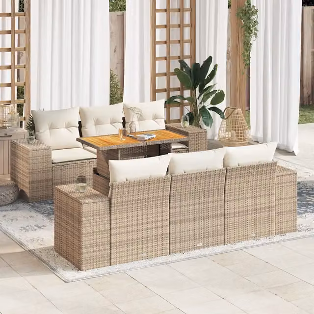 Set Divani da Giardino 7 pz con Cuscini Beige in Polyrattan 3327334