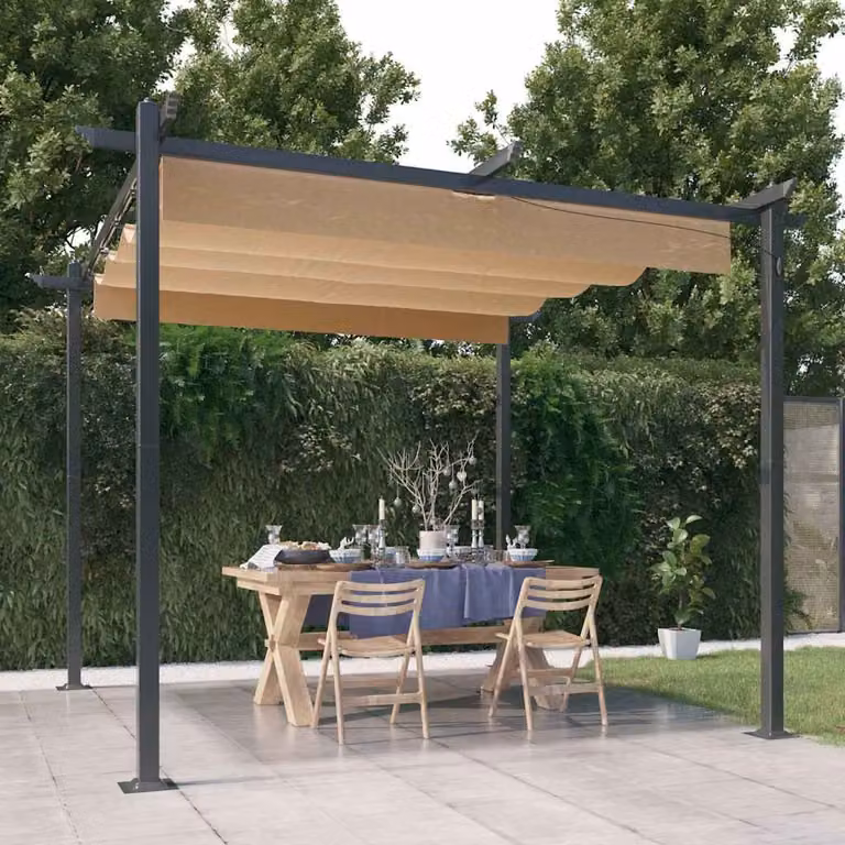 Pergola da Giardino con Tetto Retrattile vidaXL in Acciaio e Poliestere, L: 300 cm, P: 300 cm, H: 220 cm, Colore Beige/Grigio