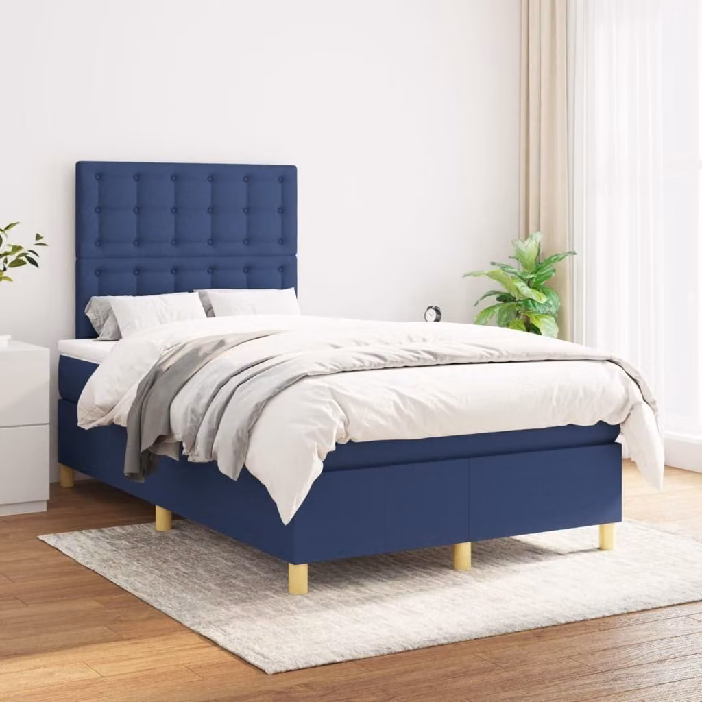 The Living Store Letto a molle con materasso Blu 120x200 cm in tessuto