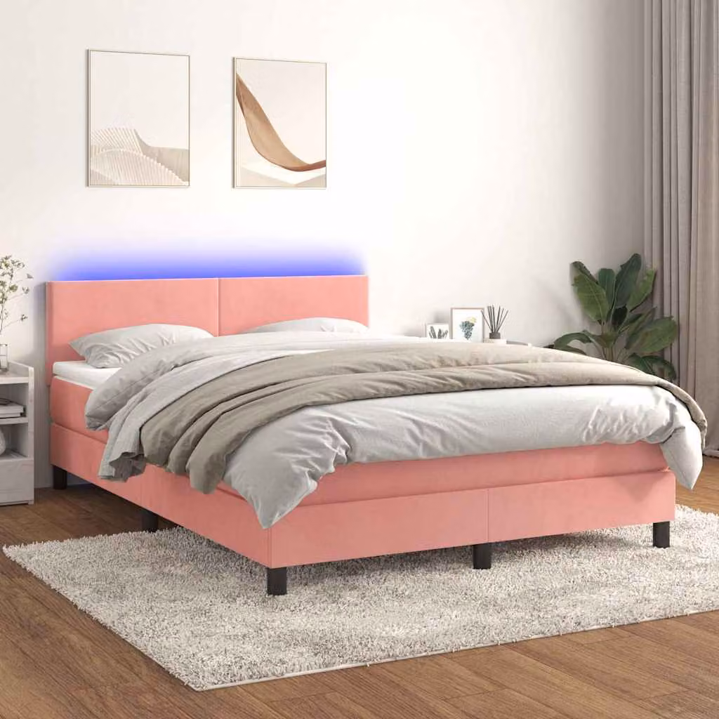 Letto a Molle con Materasso e LED vidaXL in Velluto Rosa, L/P/H: 140 x 190 x 88 cm – 1