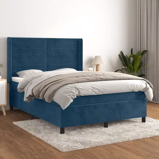 Letto Ibrido vidaXL con Giroletto a Molle e Materasso in Velluto Blu e Bianco L/P/H: 140 x 200 x 128 cm – 1