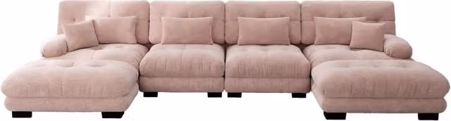 Divano modulare ad angolo a forma di U in chenille rosa, 4 posti con pouf mobile