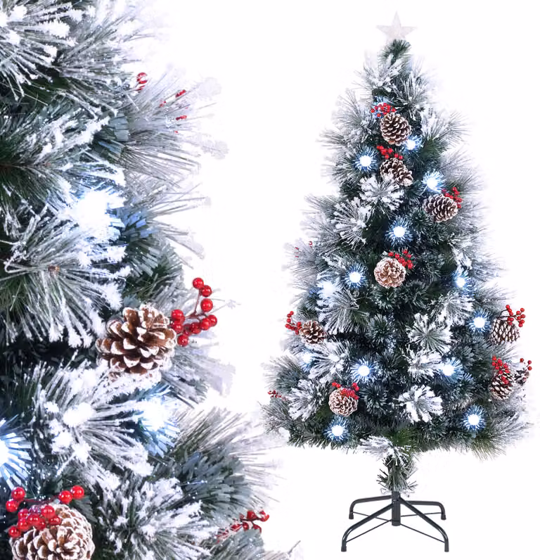 COSTWAY albero di Natale artificiale 150 cm con pigne e bacche, albero di Natale con neve, LED bianchi freddi, fibra di vetro e stella, 8 modalità verde bianco