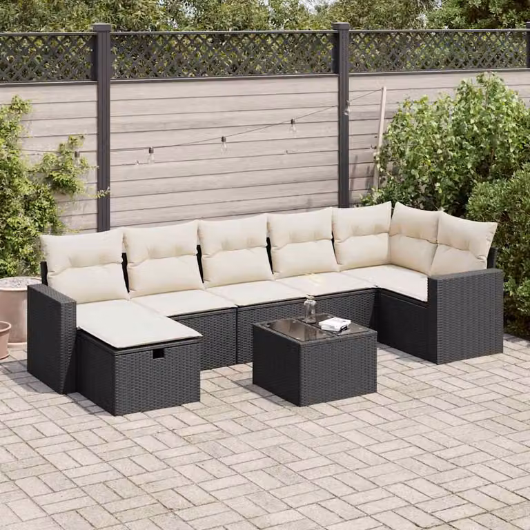 Set Divani da Giardino vidaXL a Forma a L con 8 Pezzi in Polyrattan Nero e Cuscini Imbottiti