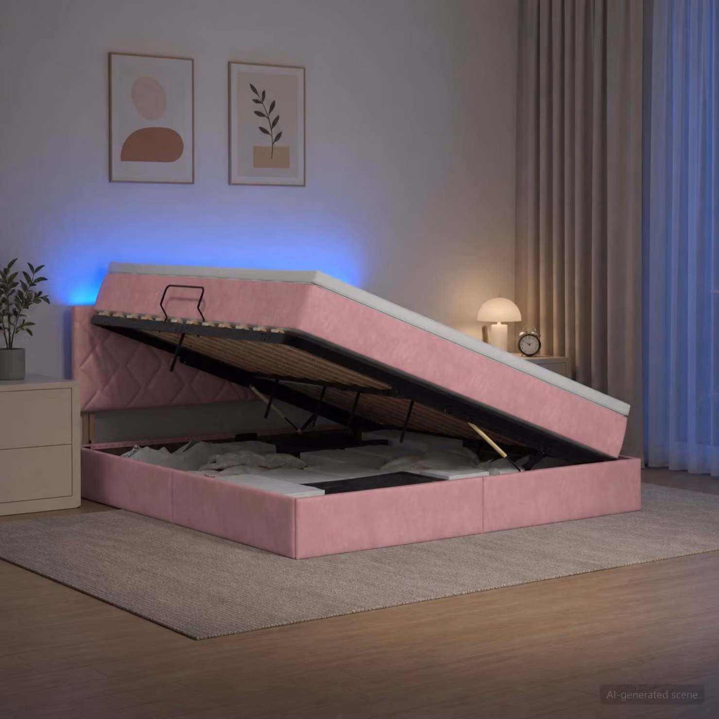 Letto con contenitore e materasso vidaXL in velluto rosa con illuminazione LED L/P/H: 180 x 200 x 88 cm