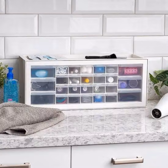 Organizzatore multifunzionale a più scomparti per ufficio e strumenti, colore bianco, in legno, metallo e plastica, L: 22,225 cm, P: 17,78 cm, H: 17,78 cm