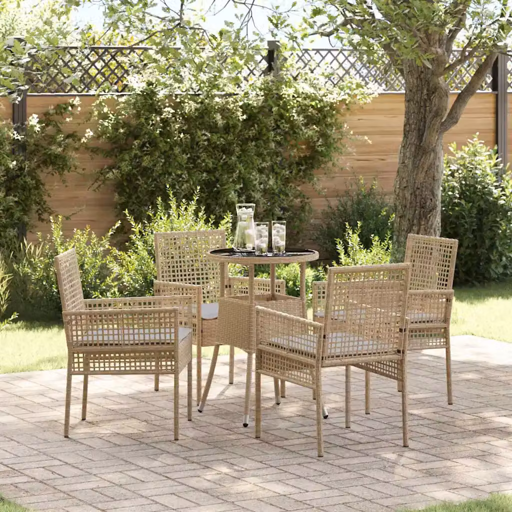 Set da pranzo per giardino e terrazzo vidaXL in polyrattan beige con tavolo rotondo in vetro, 5 pezzi