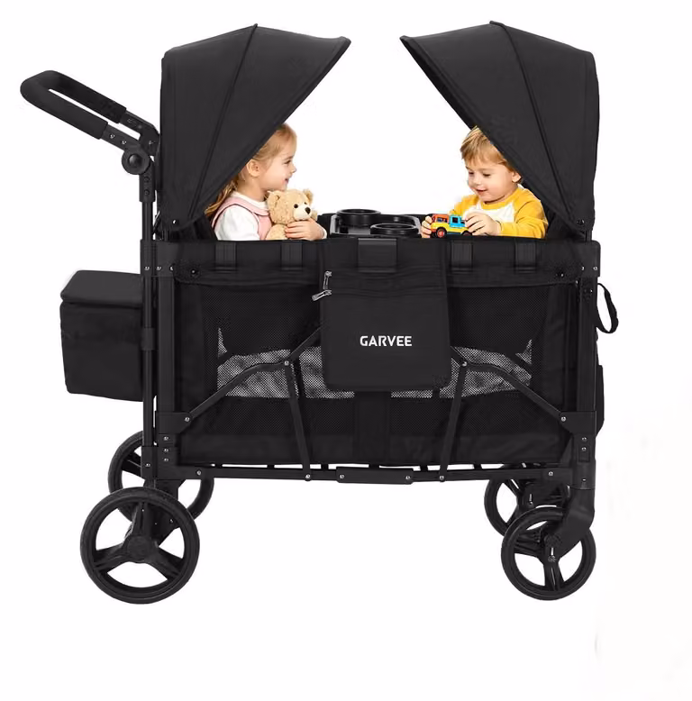 Carretto per bambini - Passeggino pieghevole a 2 posti - Tettuccio rimovibile - Pneumatici da fuoristrada - Da spingere e da tirare - Fino a 60 kg - Nero