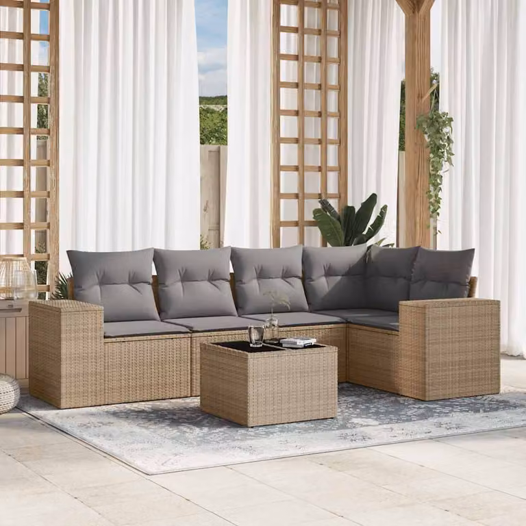 vidaXL Set Divano da Giardino a L 6 pz con Cuscini Beige e Tavolino in Metallo e Vetro
