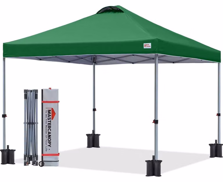 Paviglione pop-up 3x3 metri, verde scuro, montaggio rapido, protezione UPF50+, idrorepellente, regolabile in altezza, completo di borsa pieghevole e sacchetti di sabbia