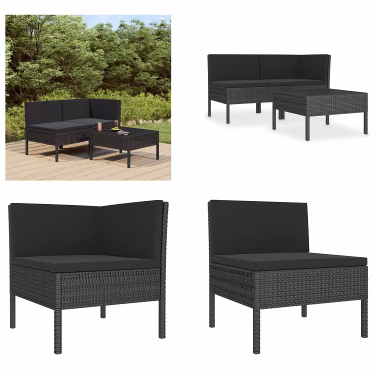 vidaXL Set da salotto da giardino 3 pezzi con cuscini in poly rattan nero - Set di mobili da giardino - Set di mobili da giardino - Set di mobili da giardino - Set da giardino