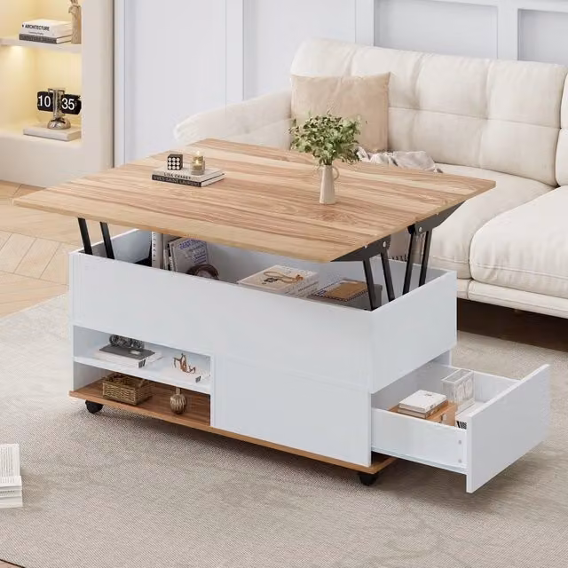 Tavolino da caff¨¨ regolabile ¨C Minimal ¨C Bianco effetto legno naturale con cassetti 100x98x65cm