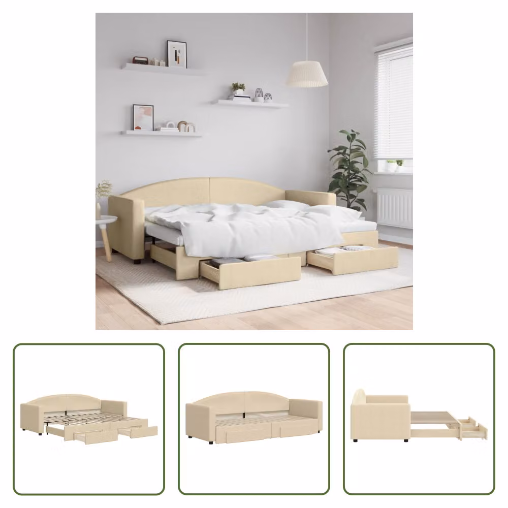 The Living Store letto da giorno allungabile con cassetti crema 80x200 cm in tessuto