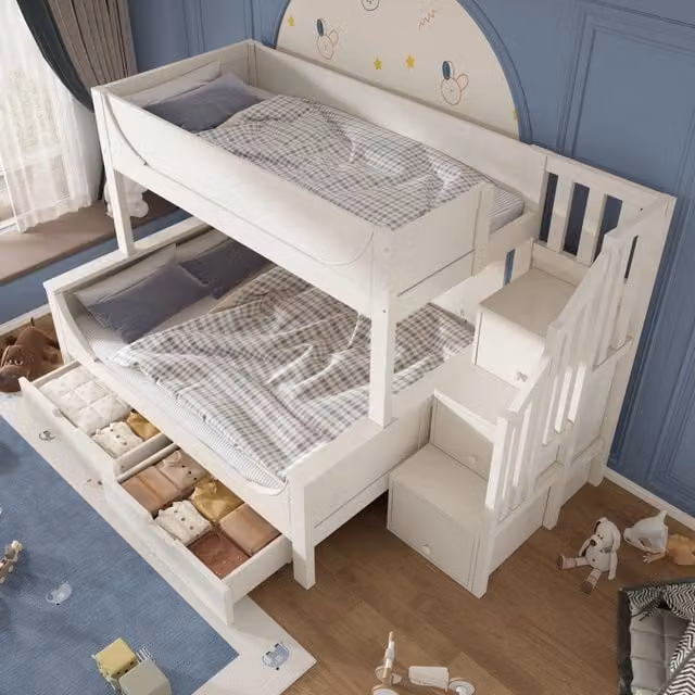 Letto a castello 90x200 cm e 140x200 cm con scala con armadio e cassetti in legno e metallo bianco