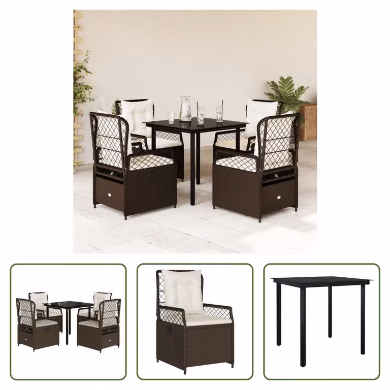 The Living Store Set da pranzo da giardino 5 pezzi con cuscini in polirattan marrone