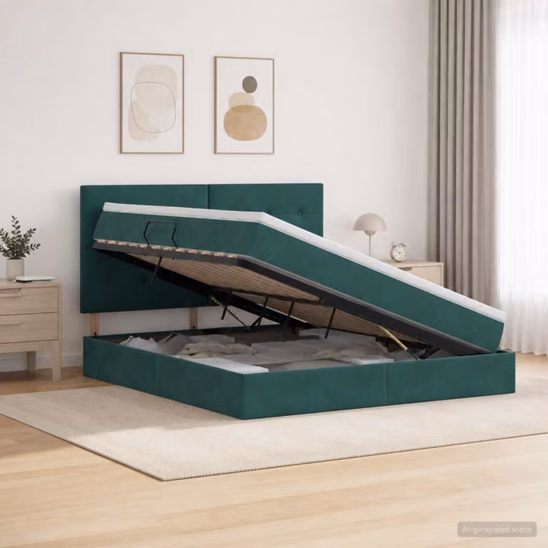 Letto con contenitore e materasso vidaXL in velluto verde con base a sollevamento L/P/H: 204 x 140 x 128 cm