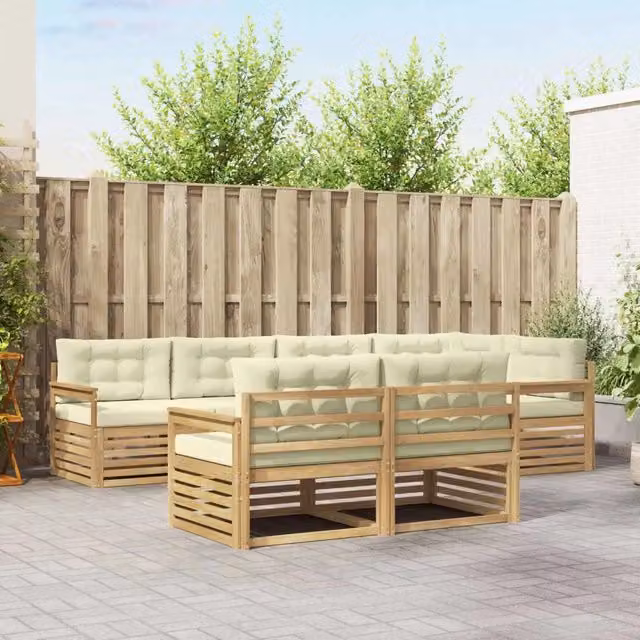 Set di divani da esterno a L vidaXL in legno di acacia con cuscini, Bianco e Beige – 1