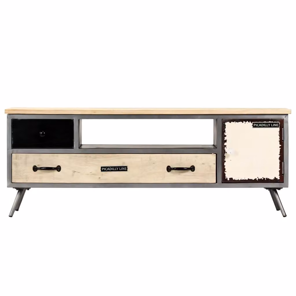 Mobile TV in legno di mango e acciaio in stile industrial, colore marrone, L 120 cm x P 30 cm x H 45 cm – 2