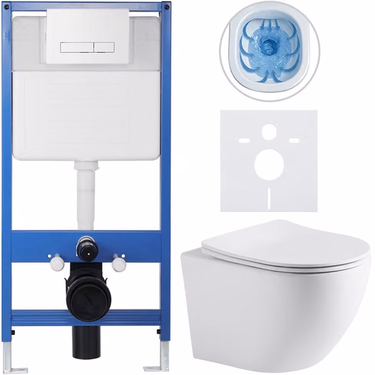 Kit completo per WC sospeso Lite/Cesso - bianco opaco - pulsante per WC Slim, bianco - installazione a muro/con pannello di cartongesso - 49x36 cm