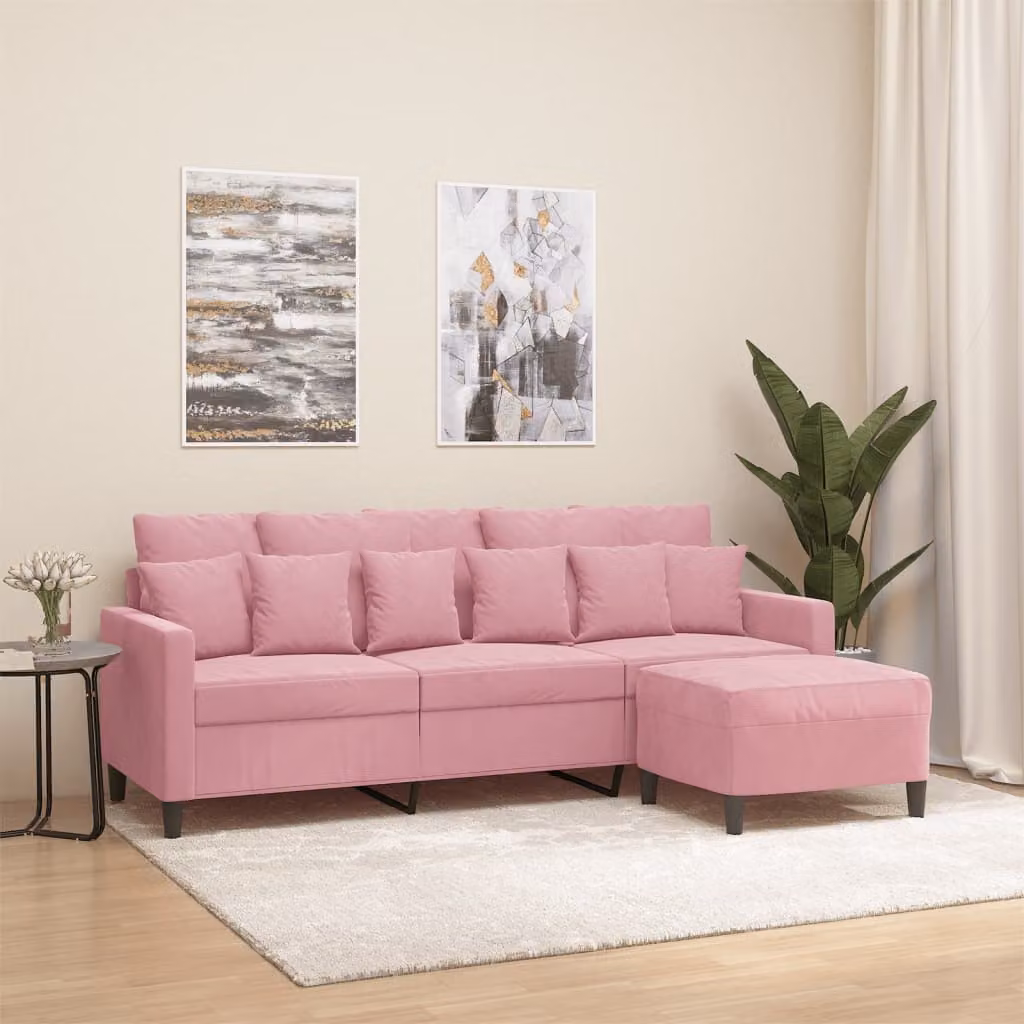 vidaXL Divano a 3 Posti con Poggiapiedi Rosa in Velluto Moderno L: 198 cm, P: 80 cm, H: 77 cm – 1