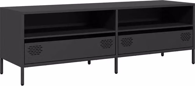Mobile porta TV industrial in metallo nero con scomparti multimediali L: 135 cm, P: 39 cm, H: 43,5 cm – 1