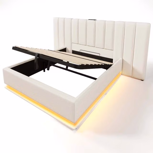 Letto imbottito 160×200 con contenitore, illuminazione LED controllabile via app, ricarica USB-C, struttura in PU bianco senza materasso e comodino