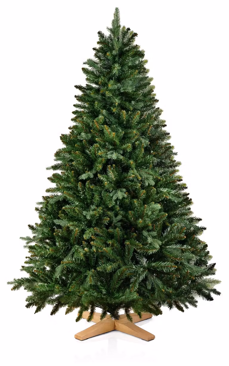 Albero di Natale artificiale, altezza 150 cm, aspetto realistico, con base in legno, colore verde