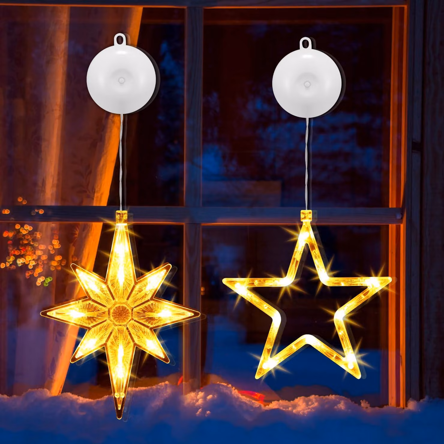 Catena luminosa a LED, set da 2, forma a stella, luce bianco caldo, alimentazione a batteria