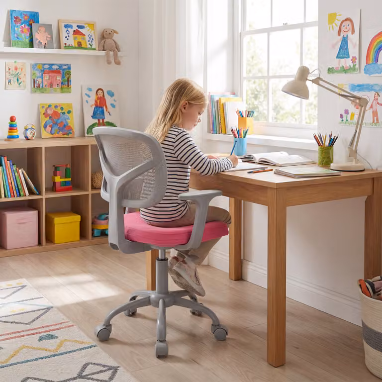 Sedia da scrivania girevole per bambini Costway, modello moderno con braccioli e seduta in tessuto rosa