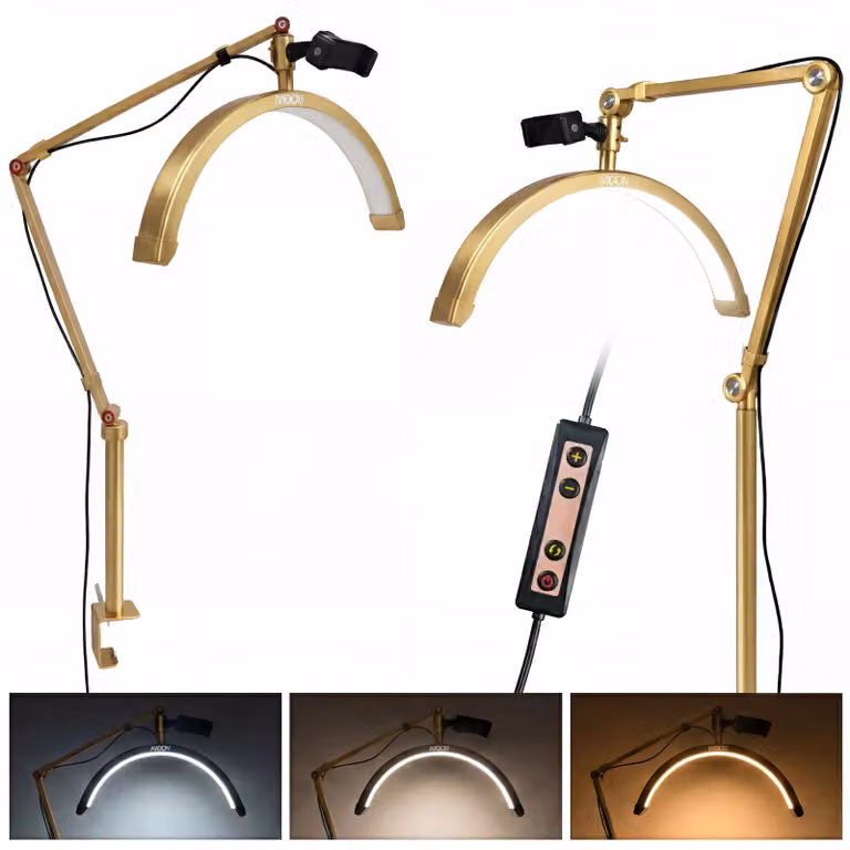 Lampada estetica Moon per extension ciglia LED senza ombre da scrivania con base a morsetto dorata