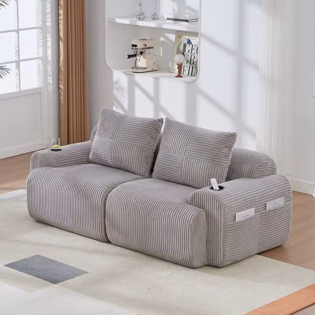 Divano Modulare REDOM a 2 posti in velluto a coste grigio con portalbicchiere L: 200 cm, P: 99 cm, H: 80 cm