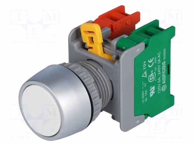 1 interruttore a pulsante, 3A/230VAC, grado di protezione IP65, modello PBF22-1O/C, montaggio a incasso, diametro 22mm, contatti: normalmente chiuso (NC) e normalmente aperto (NO), colore bianco