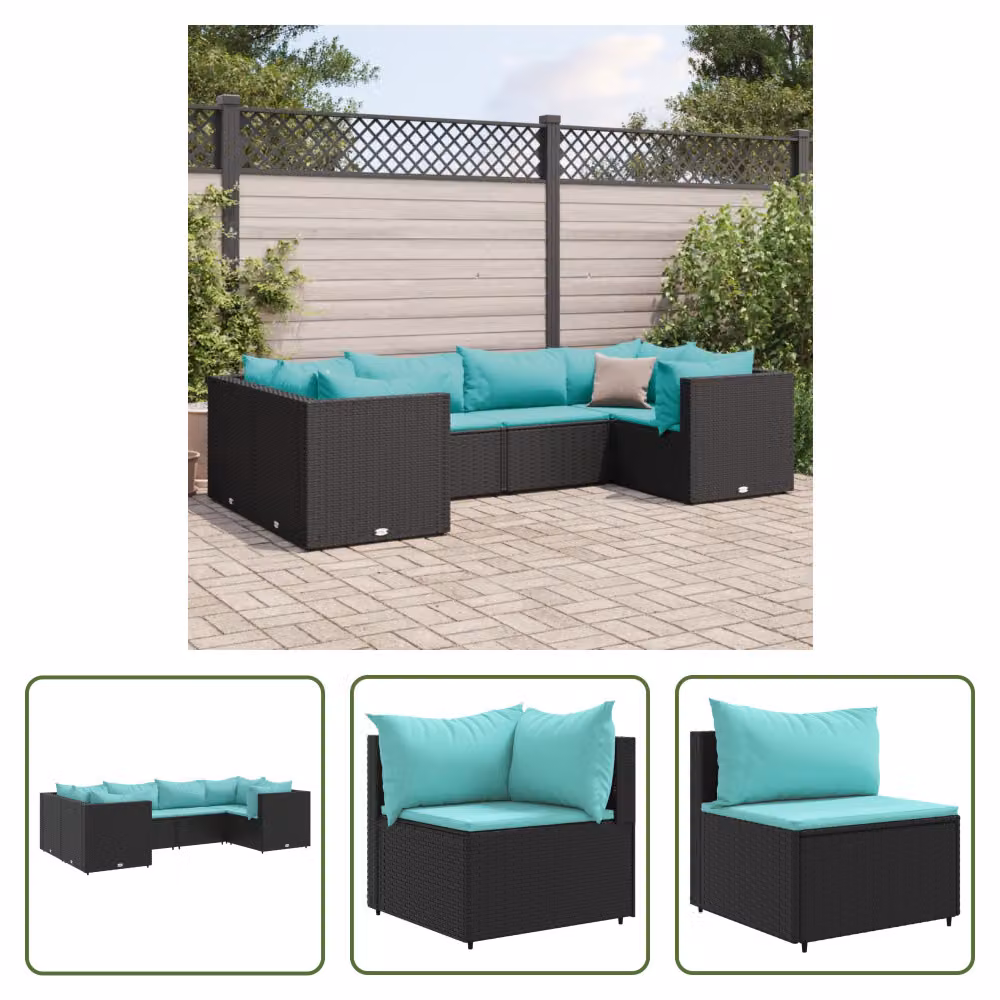 The Living Store Set da giardino da 6 pezzi con cuscini in poly rattan nero