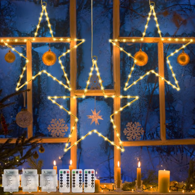 3 decorazioni a stella per finestre, 40 cm, 45 LED, luce bianco caldo, alimentazione a batteria, con telecomando