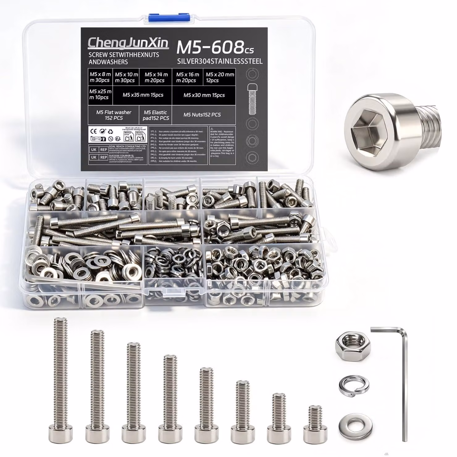 Set di 608 viti e bulloni in acciaio inossidabile, modello M5