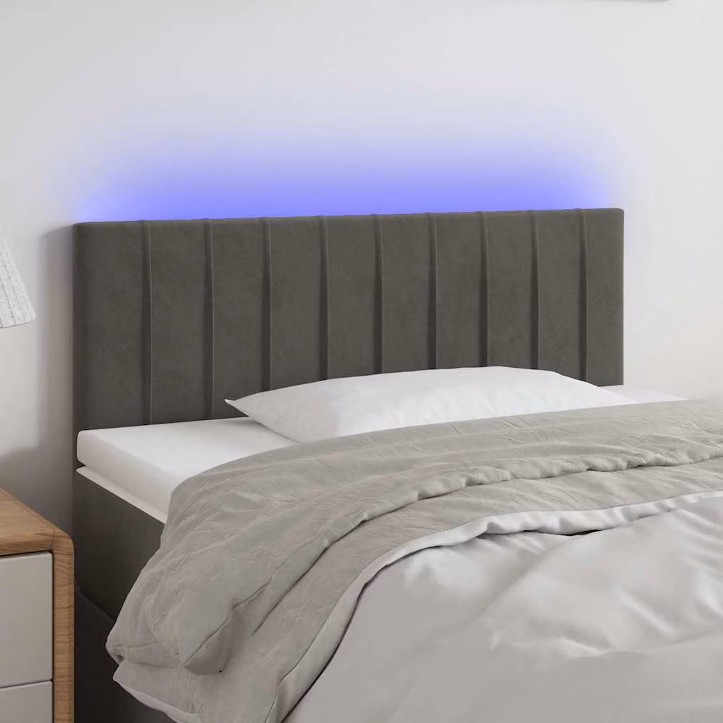 Testiera per letto vidaXL in velluto grigio con illuminazione LED e porta USB, L 100 x P 5 x H 78/88 cm