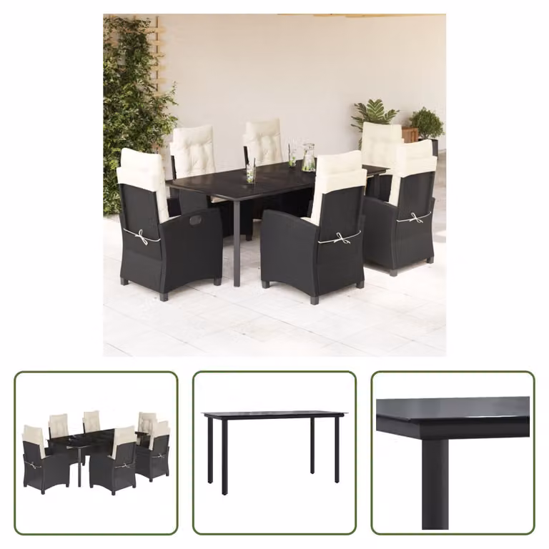 The Living Store Set da pranzo da giardino 7 pezzi con cuscini in polirattan nero