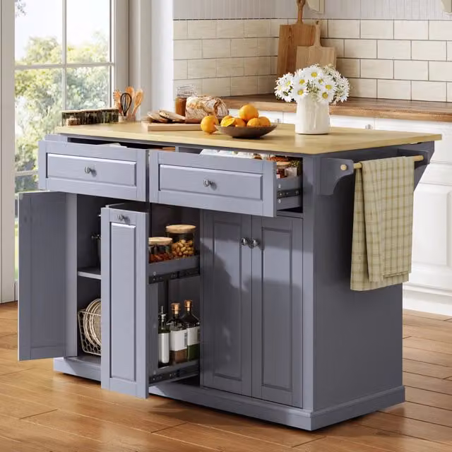Isola cucina mobile con piano pieghevole in MDF, 121 x 69 x 89 cm, cassetti e ruote bloccabili
