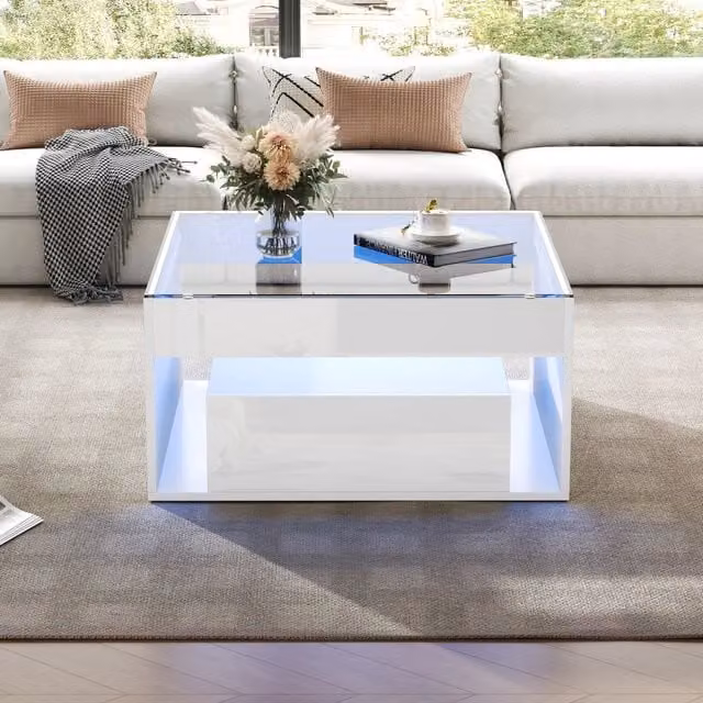 Tavolino da Caffè con 2 Cassetti Bianco Lucido e Luci LED 70x70 cm