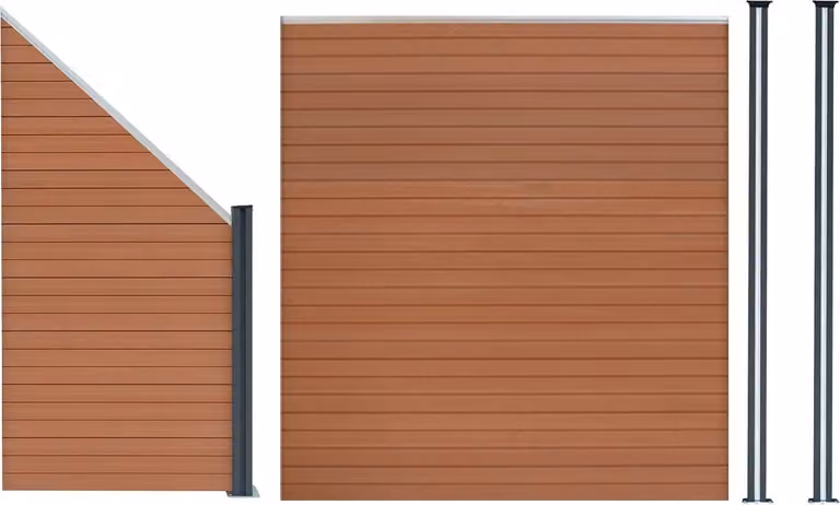 Pannello divisorio in legno composito (WPC), 1 pezzo; elemento angolare, 1 pezzo; pali per recinzione con luci a LED, 2 pezzi - colore marrone