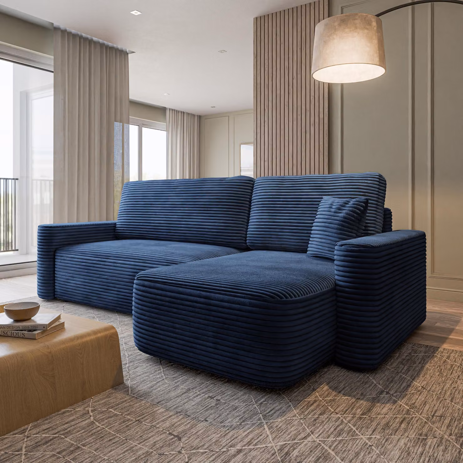 Divano ad angolo Masseno NERI T con funzione letto a L, divano con contenitore, divano da salotto, divano, divano letto, set divani - Blu, TILIA 77