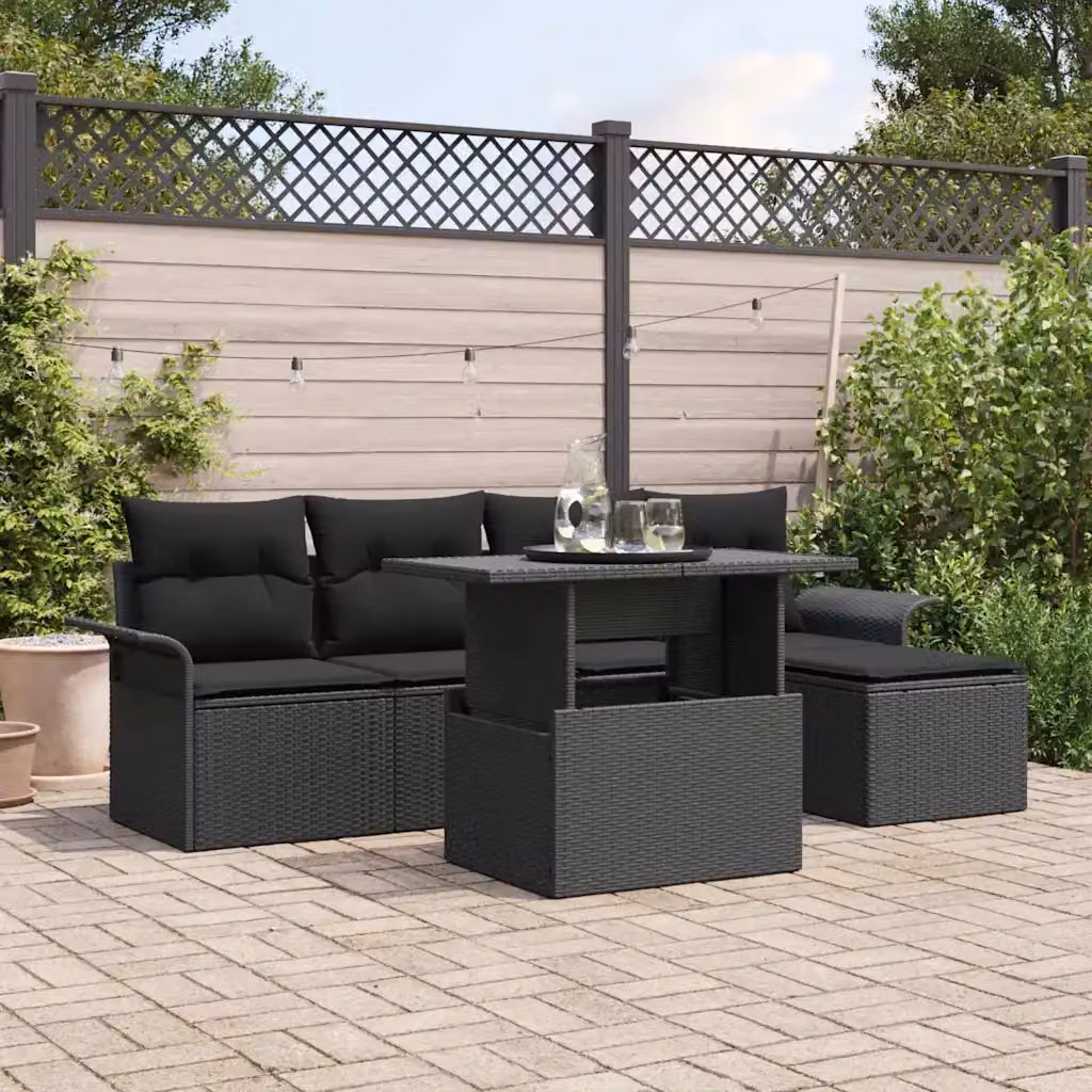 Set Divano da Giardino vidaXL 6 pz in Polyrattan Nero con Cuscini e Tavolino – 1