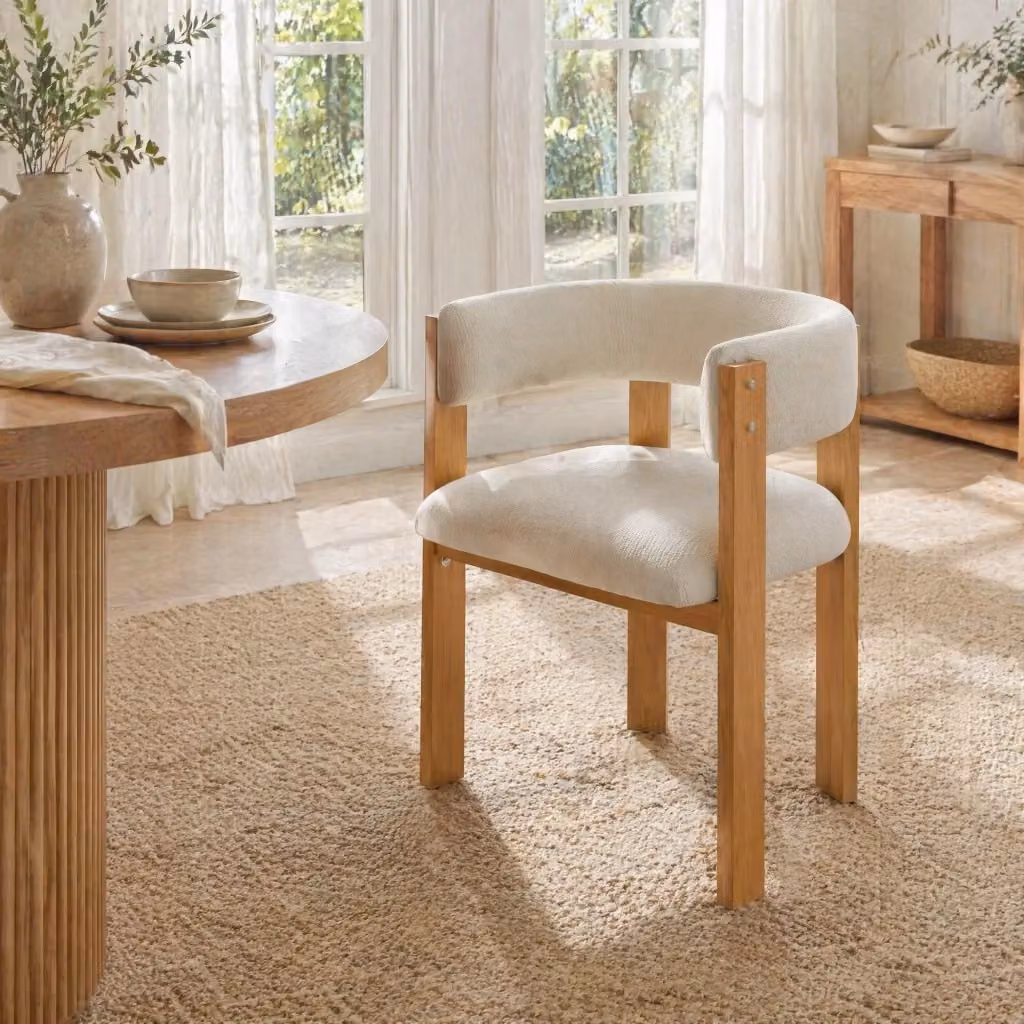Sedia da pranzo ergonomica MIVRAY in flanella beige con gambe in metallo effetto legno