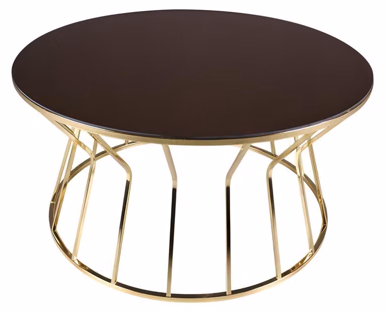 Runder Couchtisch aus Glas mit stabilem Metallgestell in Gold